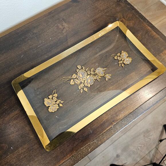 Glass Tray with Gold Trim and Raised Flowers - Picture 1 of 6